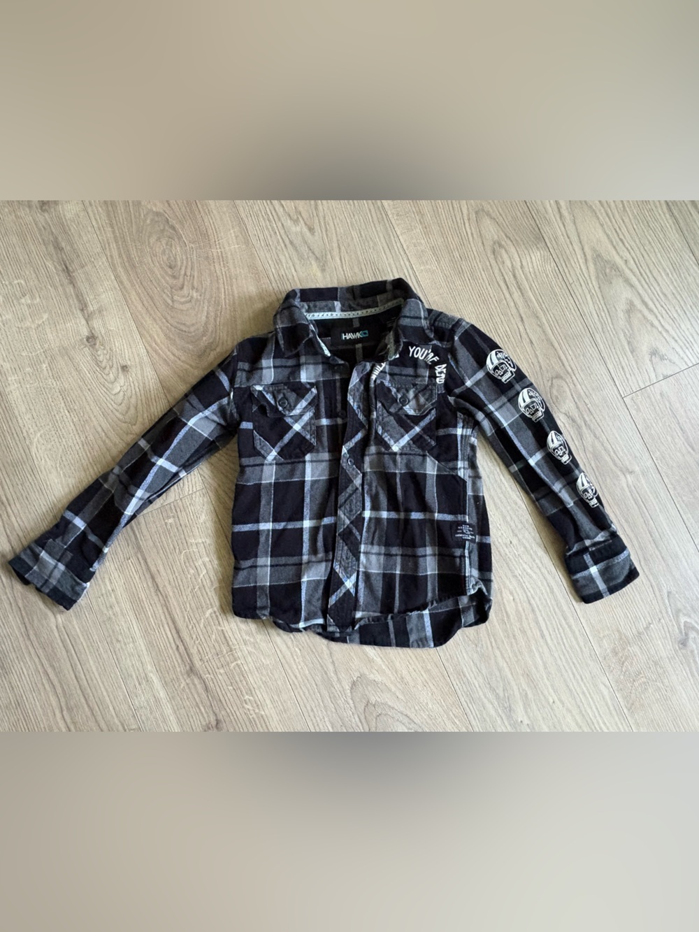 Tony Hawk Youth Plaid Flannel Skull Sleeve Button-Up Shirt S
